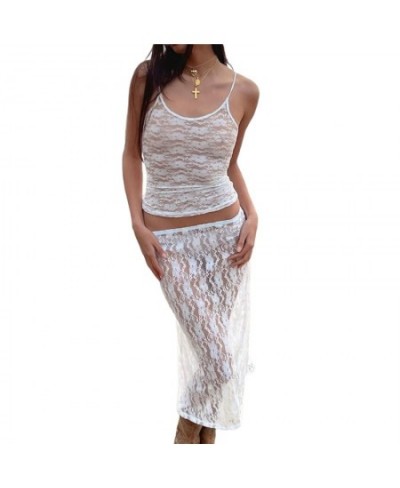 Two Piece Lace Outfit for Women White See Through Sleeveless Crop Tops + Low Waist Mid Skirt y2k Clothes Set Beachwear $24.88...