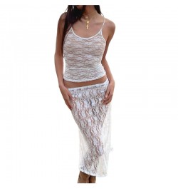 Two Piece Lace Outfit for Women White See Through Sleeveless Crop Tops + Low Waist Mid Skirt y2k Clothes Set Beachwear $24.88...