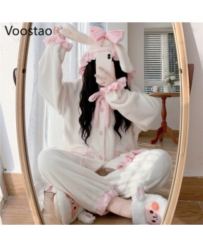 Autumn Winter Women Sweet Lolita Bunny Coral Fleece Pajamas Sets Cute Rabbit Ears Plush Warm Homewear Sleepwear Girls 2PC Set...