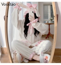 Autumn Winter Women Sweet Lolita Bunny Coral Fleece Pajamas Sets Cute Rabbit Ears Plush Warm Homewear Sleepwear Girls 2PC Set...