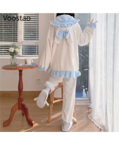 Autumn Winter Women Sweet Lolita Bunny Coral Fleece Pajamas Sets Cute Rabbit Ears Plush Warm Homewear Sleepwear Girls 2PC Set...