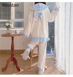 Autumn Winter Women Sweet Lolita Bunny Coral Fleece Pajamas Sets Cute Rabbit Ears Plush Warm Homewear Sleepwear Girls 2PC Set...