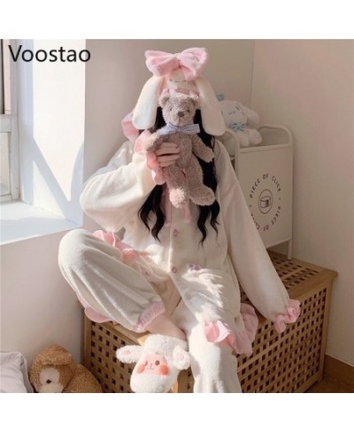 Autumn Winter Women Sweet Lolita Bunny Coral Fleece Pajamas Sets Cute Rabbit Ears Plush Warm Homewear Sleepwear Girls 2PC Set...