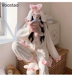 Autumn Winter Women Sweet Lolita Bunny Coral Fleece Pajamas Sets Cute Rabbit Ears Plush Warm Homewear Sleepwear Girls 2PC Set...