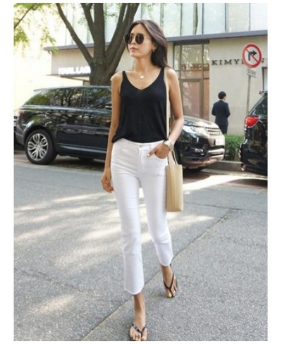 Solid White High Waist Women Jeans Straight Soft Cotton Summer Ankle Length Denim Pants Stretch Fly Frayed Edge Jeans For Gir...