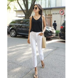 Solid White High Waist Women Jeans Straight Soft Cotton Summer Ankle Length Denim Pants Stretch Fly Frayed Edge Jeans For Gir...