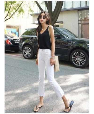 Solid White High Waist Women Jeans Straight Soft Cotton Summer Ankle Length Denim Pants Stretch Fly Frayed Edge Jeans For Gir...