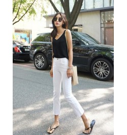 Solid White High Waist Women Jeans Straight Soft Cotton Summer Ankle Length Denim Pants Stretch Fly Frayed Edge Jeans For Gir...