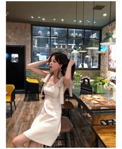 Women Summer Korean Handmade Bowknot Bright Diamond Apricot Fairy Dress Soild Sleevess High Waist Party Elegant A-line Dress ...