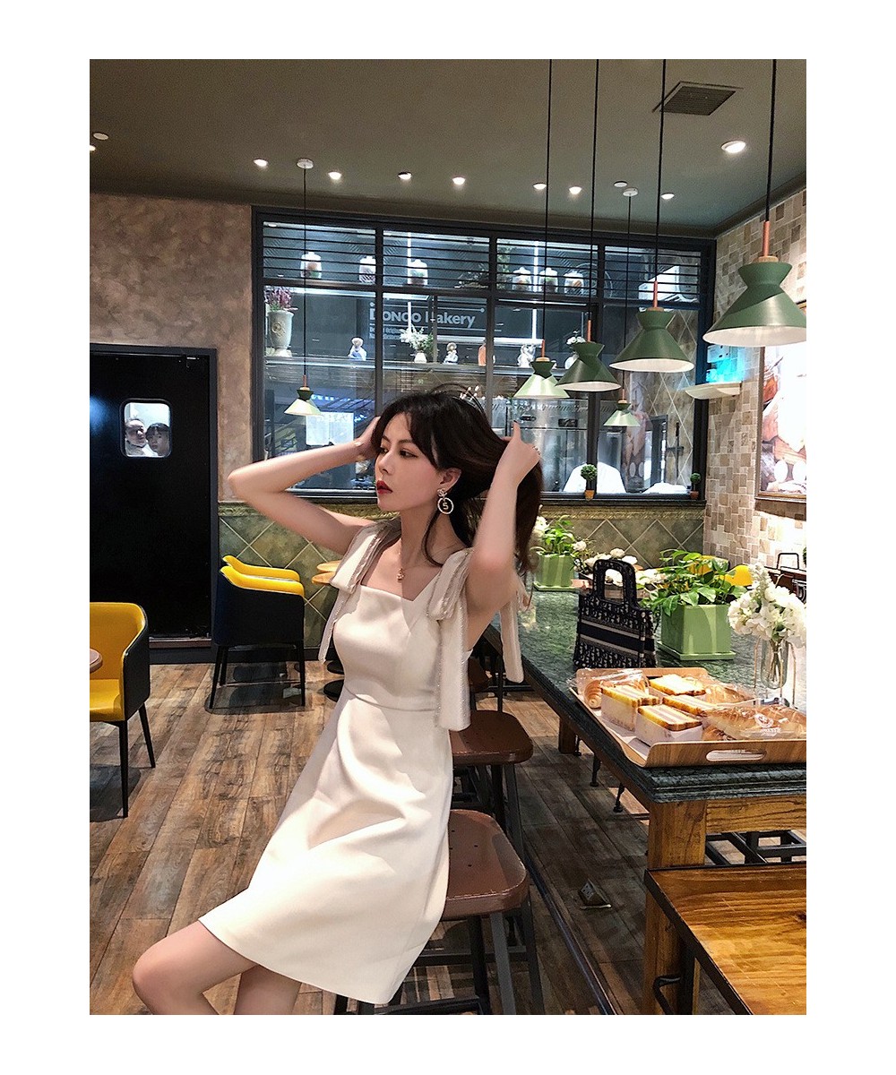 Women Summer Korean Handmade Bowknot Bright Diamond Apricot Fairy Dress Soild Sleevess High Waist Party Elegant A-line Dress ...