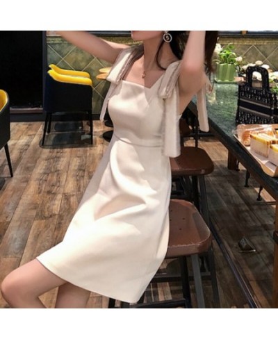 Women Summer Korean Handmade Bowknot Bright Diamond Apricot Fairy Dress Soild Sleevess High Waist Party Elegant A-line Dress ...