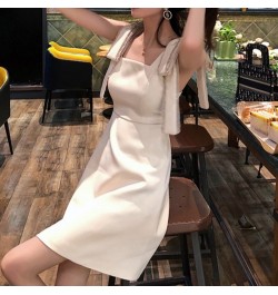 Women Summer Korean Handmade Bowknot Bright Diamond Apricot Fairy Dress Soild Sleevess High Waist Party Elegant A-line Dress ...