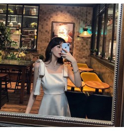 Women Summer Korean Handmade Bowknot Bright Diamond Apricot Fairy Dress Soild Sleevess High Waist Party Elegant A-line Dress ...