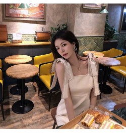 Women Summer Korean Handmade Bowknot Bright Diamond Apricot Fairy Dress Soild Sleevess High Waist Party Elegant A-line Dress ...