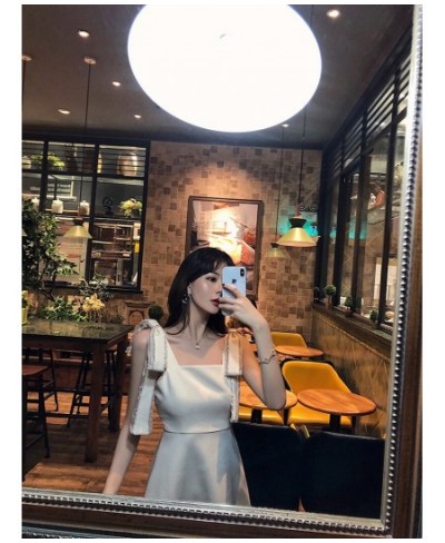 Women Summer Korean Handmade Bowknot Bright Diamond Apricot Fairy Dress Soild Sleevess High Waist Party Elegant A-line Dress ...