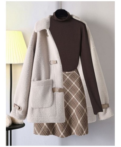 Dress Sets Women Autumn Winter Suits Women's Foreign Style Lamb Wool Coat Plaid Skirt Three-piece Trendy Preppy Style Office ...