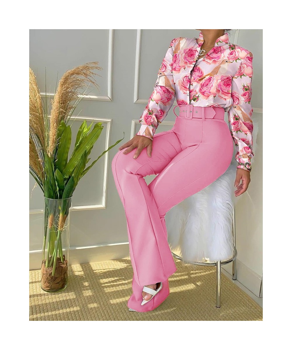 Women Long Sleeve Flower Print Buttoned Shirt & High Waist Pants Set Women Casual Two Piece Work Wear Fashion Suit Sets $54.9...