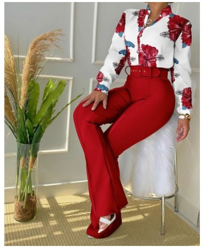 Women Long Sleeve Flower Print Buttoned Shirt & High Waist Pants Set Women Casual Two Piece Work Wear Fashion Suit Sets $54.9...