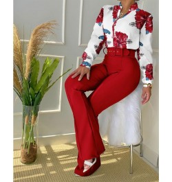 Women Long Sleeve Flower Print Buttoned Shirt & High Waist Pants Set Women Casual Two Piece Work Wear Fashion Suit Sets $54.9...