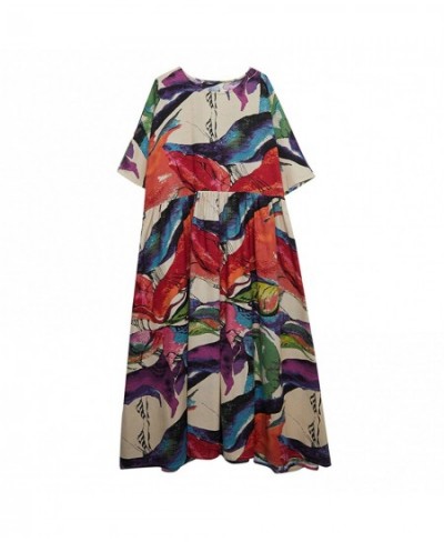 Vintage Women Cotton Linen Dress Floral Print O Neck Half Sleeve Pocket Loose Casual Dress $40.46 - Dresses