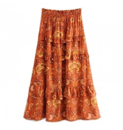 2023 New Bohemian Orange Feather Floral Print Long Skirt Holiday Women Elastic Waist Wood ears Ruffles Lace Swing Skirts Beac...