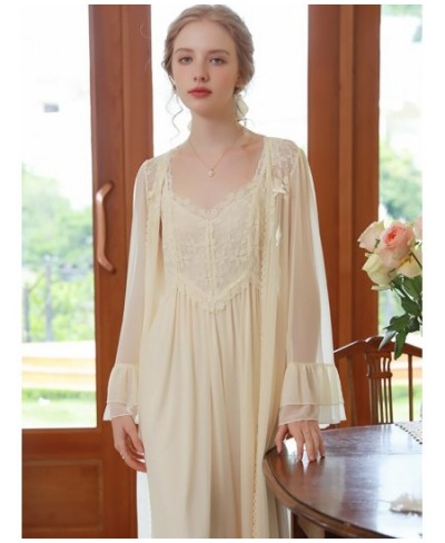 French Spaghetti Strap Nightdress Robe for Women Spring Sexy Two-piece Vintage Princess Mesh Lace Fairy Nightgown Sleepwear $...