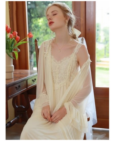 French Spaghetti Strap Nightdress Robe for Women Spring Sexy Two-piece Vintage Princess Mesh Lace Fairy Nightgown Sleepwear $...