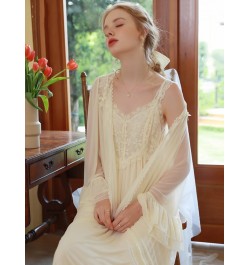 French Spaghetti Strap Nightdress Robe for Women Spring Sexy Two-piece Vintage Princess Mesh Lace Fairy Nightgown Sleepwear $...