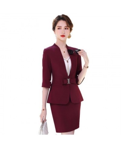 High Quality Business Suits Women New Fashion Half Sleeve Temperament Slim Blazer And Skirt Office Ladies Work Wear Claret $6...