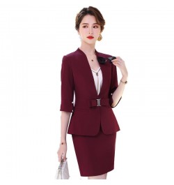 High Quality Business Suits Women New Fashion Half Sleeve Temperament Slim Blazer And Skirt Office Ladies Work Wear Claret $6...