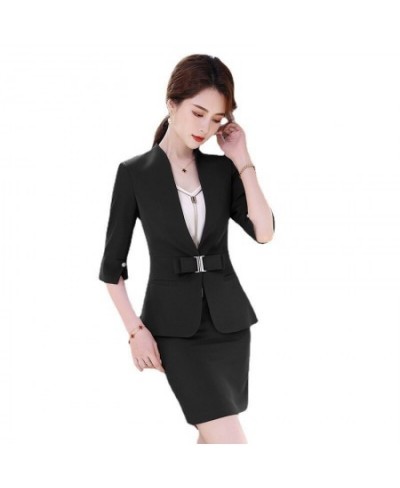 High Quality Business Suits Women New Fashion Half Sleeve Temperament Slim Blazer And Skirt Office Ladies Work Wear Claret $6...