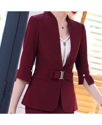 High Quality Business Suits Women New Fashion Half Sleeve Temperament Slim Blazer And Skirt Office Ladies Work Wear Claret $6...