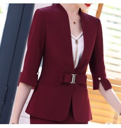 High Quality Business Suits Women New Fashion Half Sleeve Temperament Slim Blazer And Skirt Office Ladies Work Wear Claret $6...