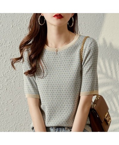Short-Sleeved Blouse Women's Summer New Style Print Elegant Contrast Color And Thin Outer Wear Base Pullover Sweater $34.23 -...