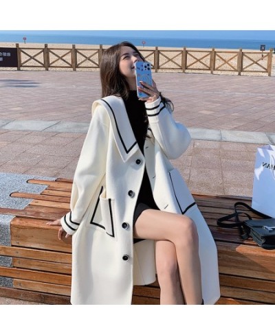 Woolen Blends New Academy White Tweed Coat Women Autumn Winter Korean Loose Navy Collar Popular Tweed Coat Jacket $84.57 - Ja...