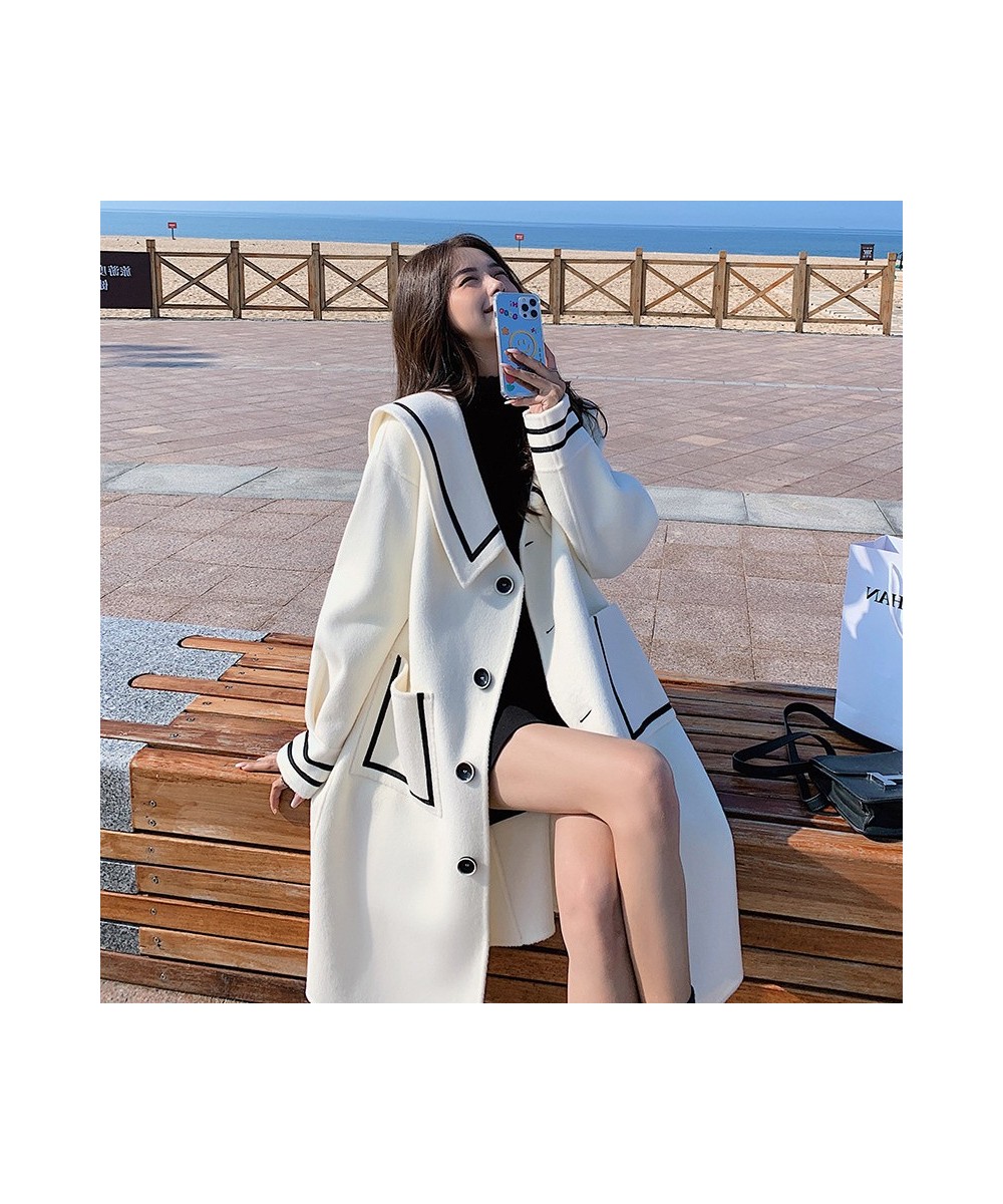 Woolen Blends New Academy White Tweed Coat Women Autumn Winter Korean Loose Navy Collar Popular Tweed Coat Jacket $84.57 - Ja...