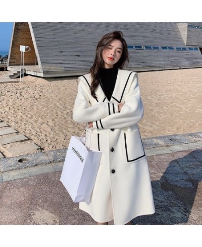 Woolen Blends New Academy White Tweed Coat Women Autumn Winter Korean Loose Navy Collar Popular Tweed Coat Jacket $84.57 - Ja...