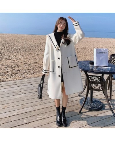 Woolen Blends New Academy White Tweed Coat Women Autumn Winter Korean Loose Navy Collar Popular Tweed Coat Jacket $84.57 - Ja...