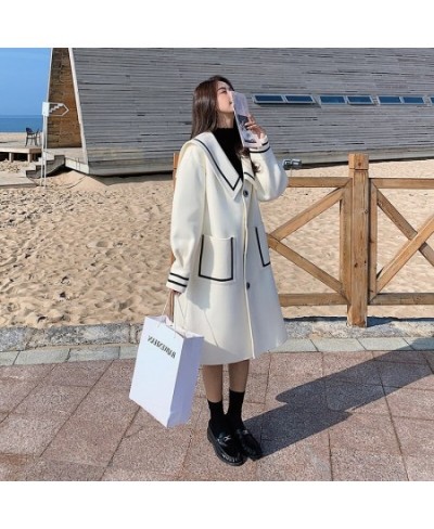 Woolen Blends New Academy White Tweed Coat Women Autumn Winter Korean Loose Navy Collar Popular Tweed Coat Jacket $84.57 - Ja...