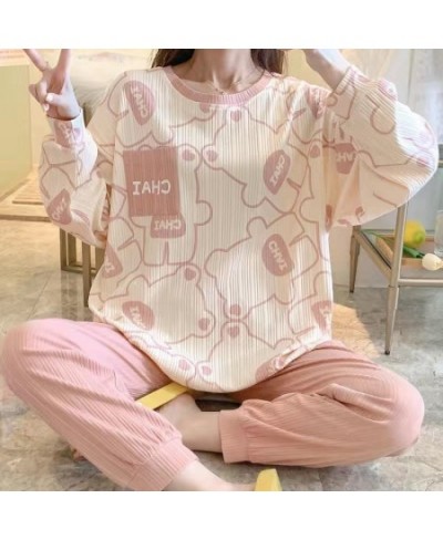 100% Cotton Women Pajama Set Summer Sleepwear Long Cute Pijamas Girls Homewear Long Pants Cartoon printing Home Clothes Pyjam...