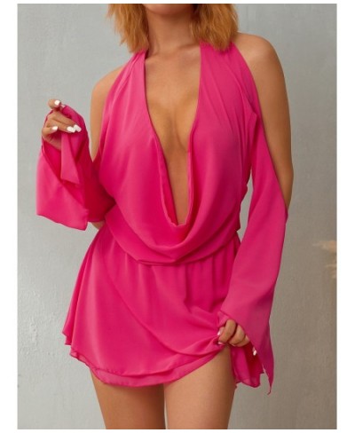 Ladies V-Neck Short Dress Summer Women Solid Color Hanging Neck Tie Up Off Shoulder Ruched Long Sleeve Backless Skirt $32.24 ...