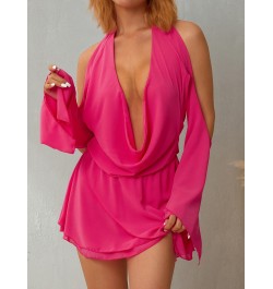 Ladies V-Neck Short Dress Summer Women Solid Color Hanging Neck Tie Up Off Shoulder Ruched Long Sleeve Backless Skirt $32.24 ...