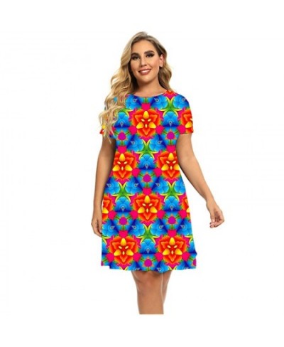 6XL Large Sizes 2023 New Women Colorful Flower Power 3D Print Dresses Short Sleeve Summer Plus Size Clothing Casual Loose Dre...