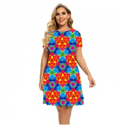 6XL Large Sizes 2023 New Women Colorful Flower Power 3D Print Dresses Short Sleeve Summer Plus Size Clothing Casual Loose Dre...