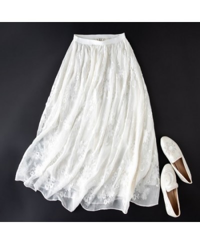 Women 100% Mulberry Silk White Embroidery Silk Midi Skirt with Lining Long Skirt Summer Beach MM103 $85.28 - Skirts