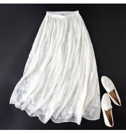 Women 100% Mulberry Silk White Embroidery Silk Midi Skirt with Lining Long Skirt Summer Beach MM103 $85.28 - Skirts