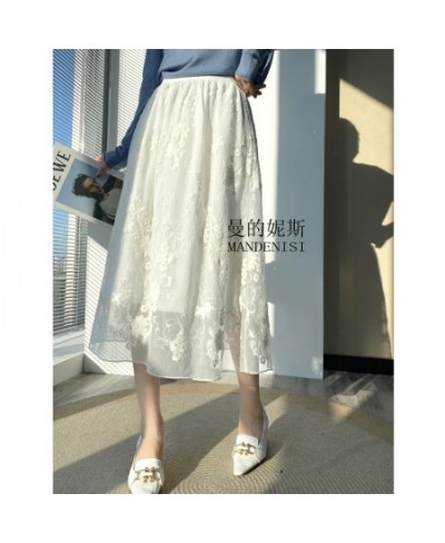 Women 100% Mulberry Silk White Embroidery Silk Midi Skirt with Lining Long Skirt Summer Beach MM103 $85.28 - Skirts