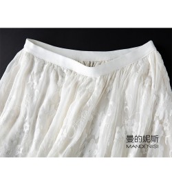 Women 100% Mulberry Silk White Embroidery Silk Midi Skirt with Lining Long Skirt Summer Beach MM103 $85.28 - Skirts