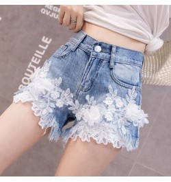 Jeans Shorts Women 2023 New Summer Fashion Lace Flower Emboridery Jean FemmeVintage High Waist Woman Blue Soft Denim Shorts $...