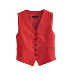 2022 Women Elegant Streetwear Sleeveless Short Suit Vest Female Vintage Slim V-Neck Single Breasted Blazer Waistcoat $35.05 -...